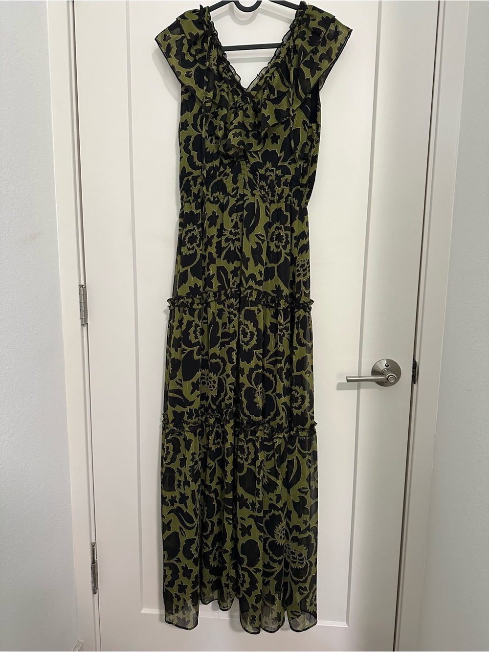 NAF NAF Olive and Black Floral Tiered Maxi Dress